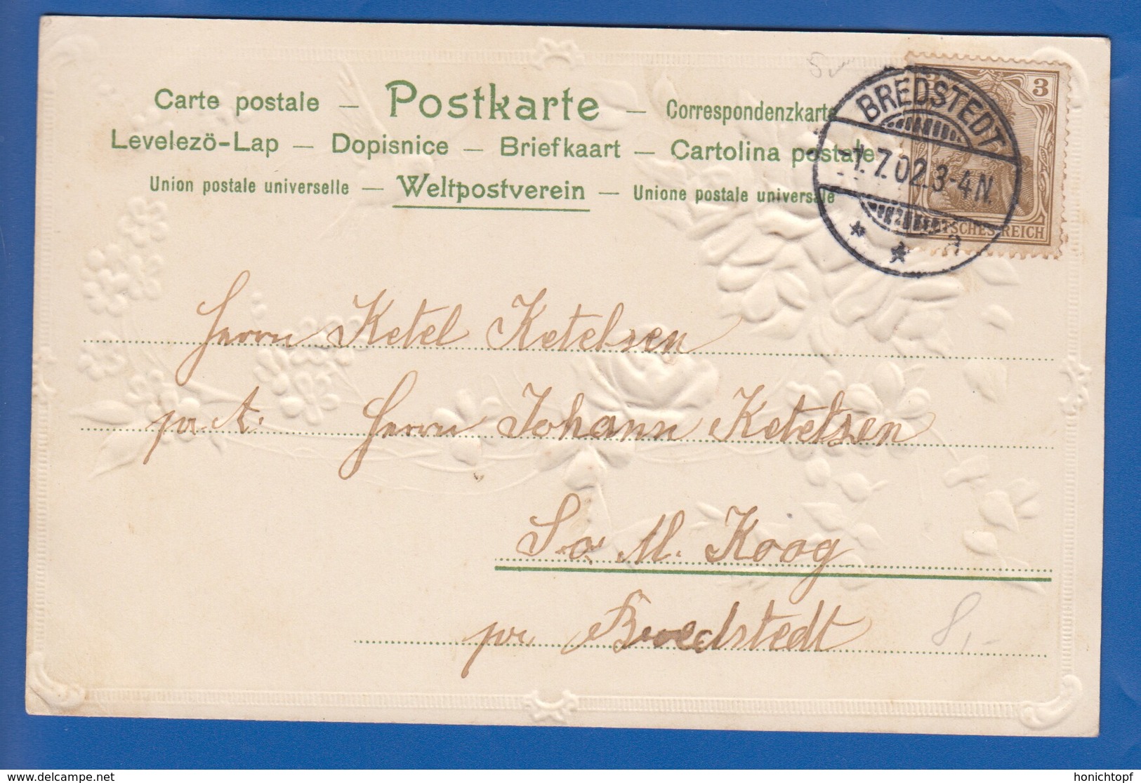 Blumen; Fleurs; Art Nouveau; Prägekarte; Gaufrée; 1902 Stempel Bredstedt - Blumen