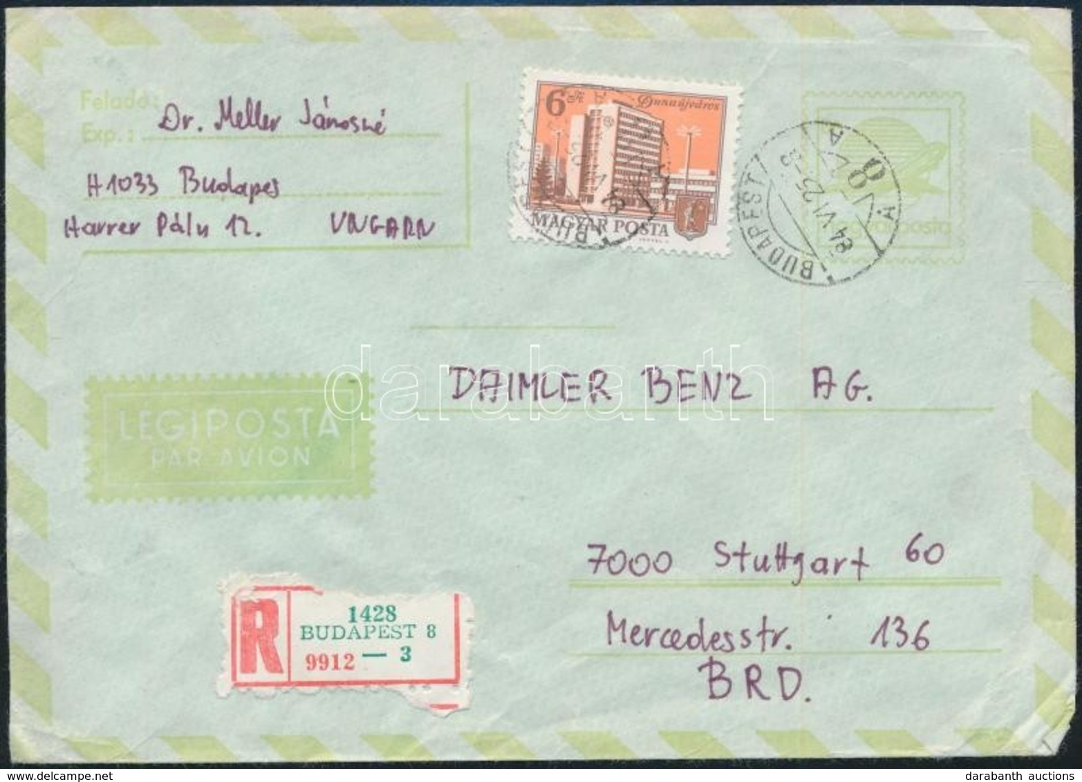 1984 Ajánlott Díjjegyes Levél 6Ft Kiegészítéssel Budapestről Németországba - Andere & Zonder Classificatie