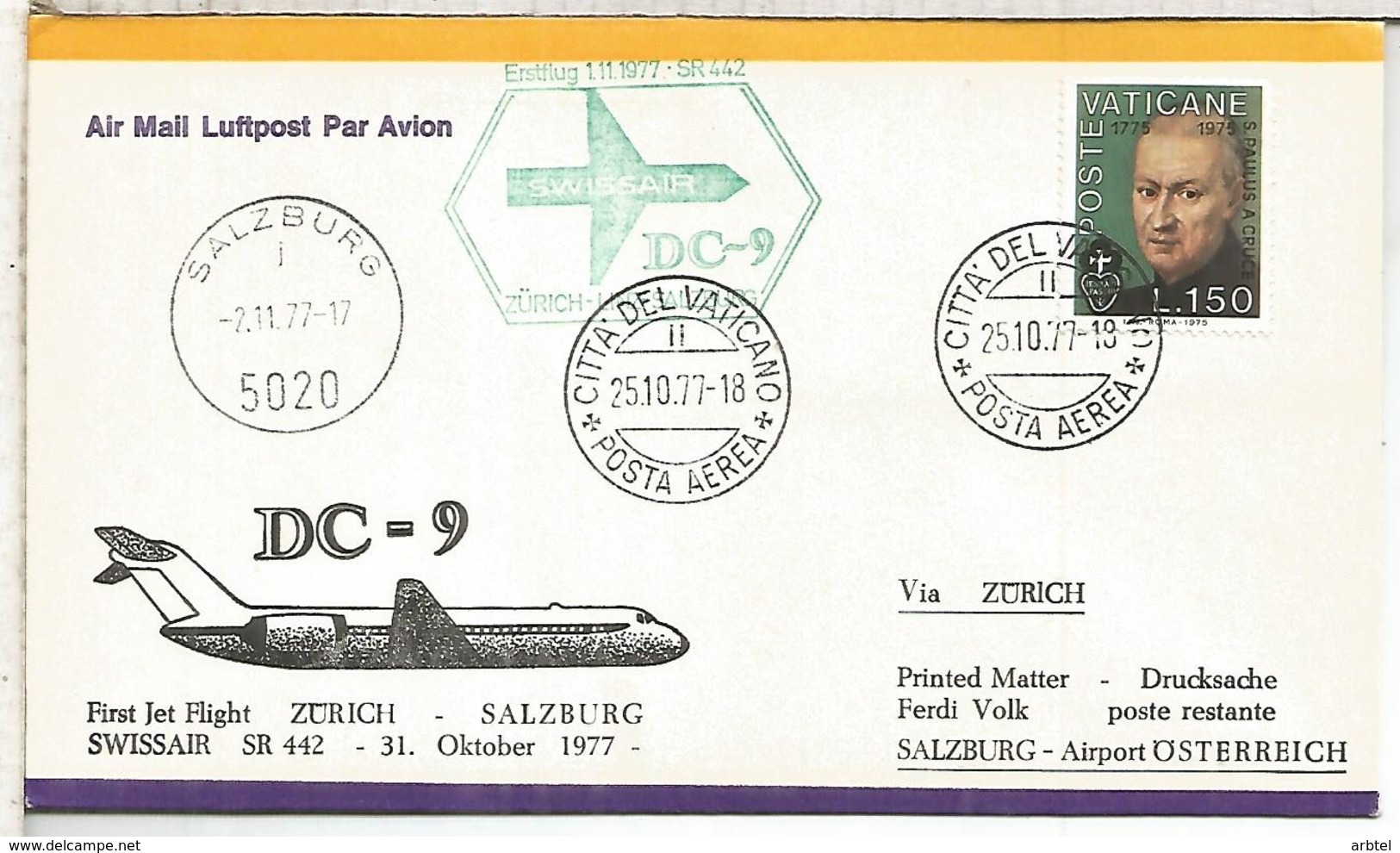 VATICANO CC PRIMER VUELO SWISSAIR ZURICH SALZBURG DC-9 CON LLEGADA - Cartas & Documentos