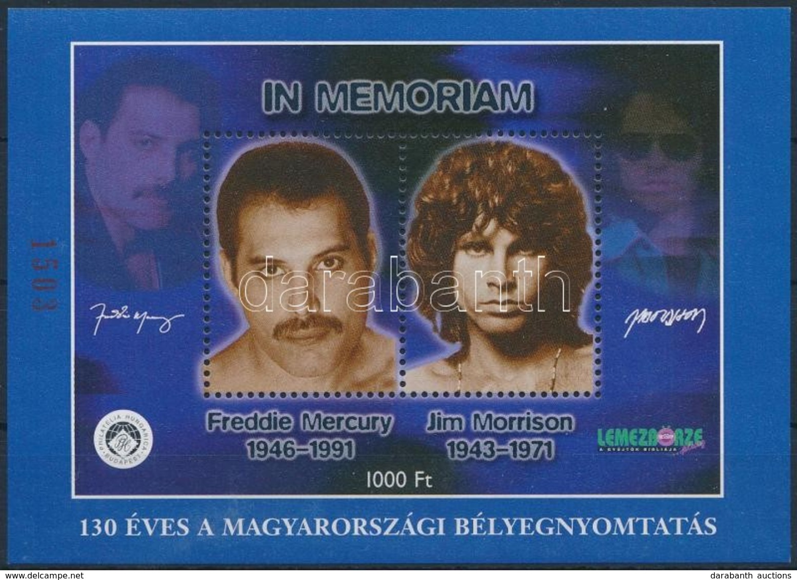 ** 2001 Freddie MErcury - Jim Morrison Emlékív, 130 éves A Magyarországi Bélyegnyomtatás ívszéli Szöveggel, 1503 Piros S - Andere & Zonder Classificatie