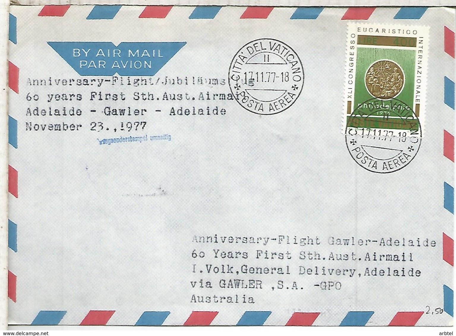 VATICANO CC AUSTRALIA 60 AÑOS VUELO ADELAIDE GAWLER MAT AL DORSO - Cartas & Documentos