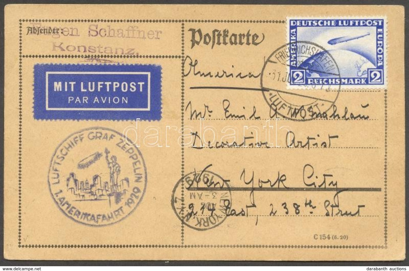 1929 Zeppelin 1. Amerikai útja Levelezőlap / Zeppelin 1st Flight To America Postcard To New York - Other & Unclassified