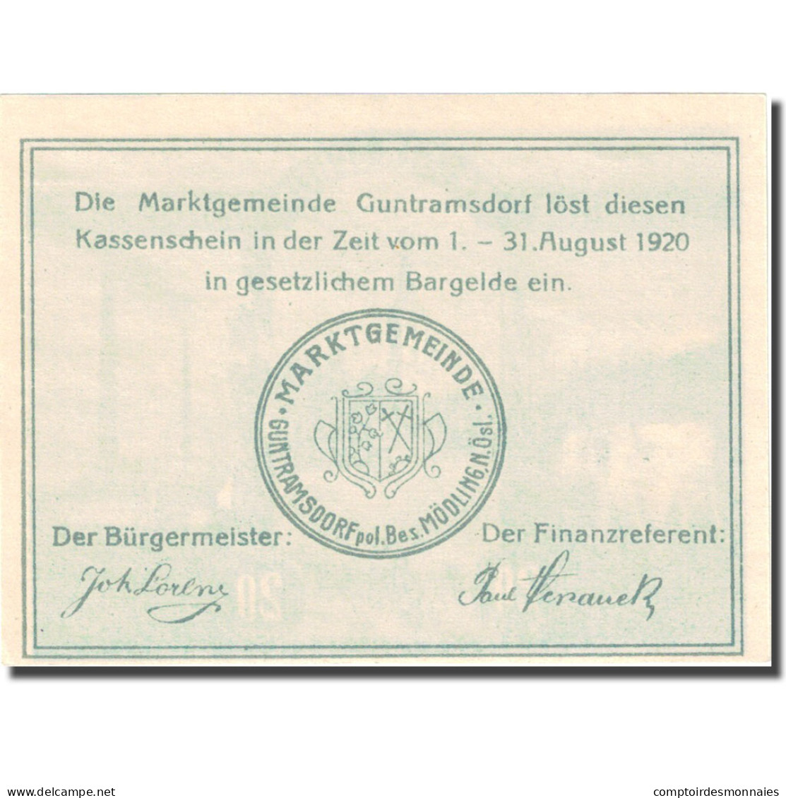 Billet, Autriche, Guntramsdorf, 20 Heller, Village, 1920 SPL Mehl:FS 310a - Autriche