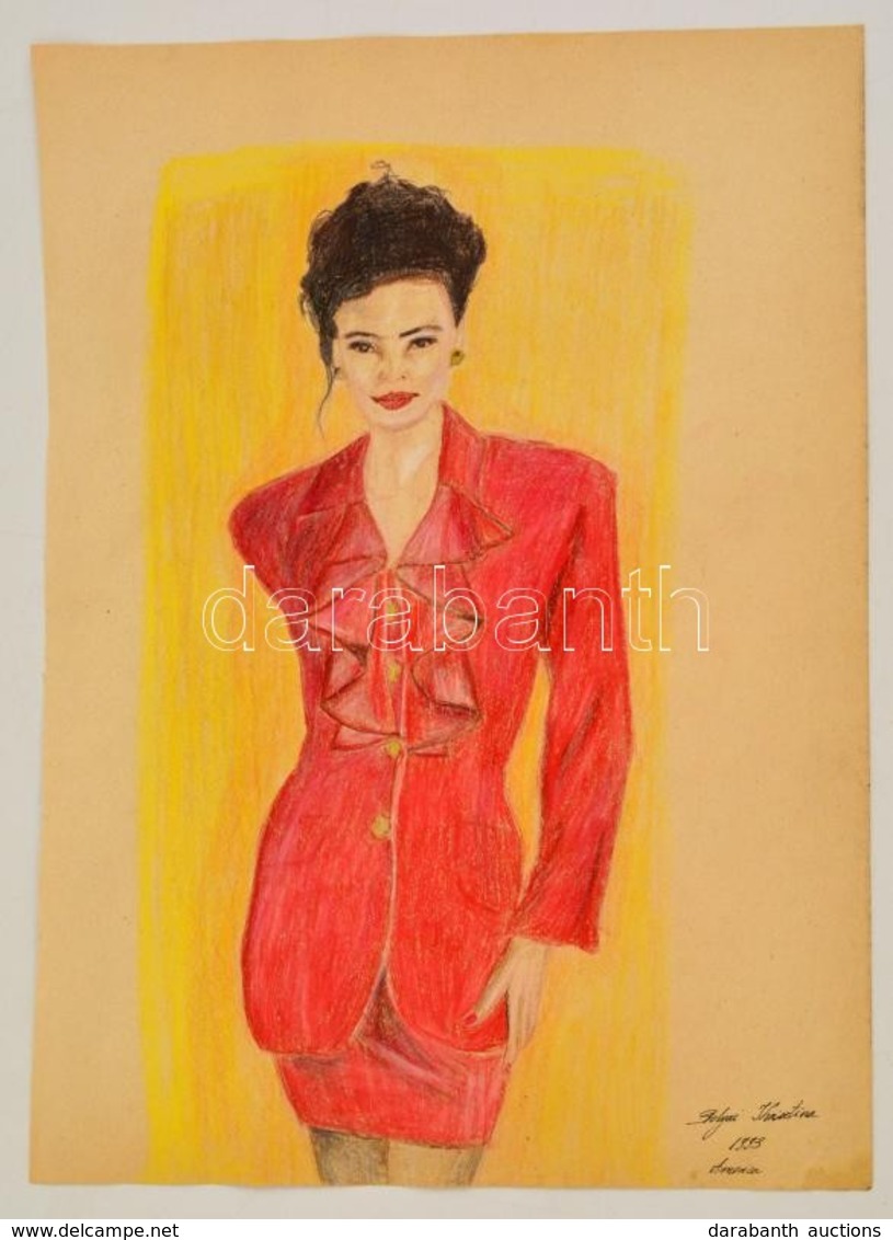 Bólyai Krisztina (?-): Piros Kosztüm. Pasztell, Papír, 35×25 Cm - Autres & Non Classés