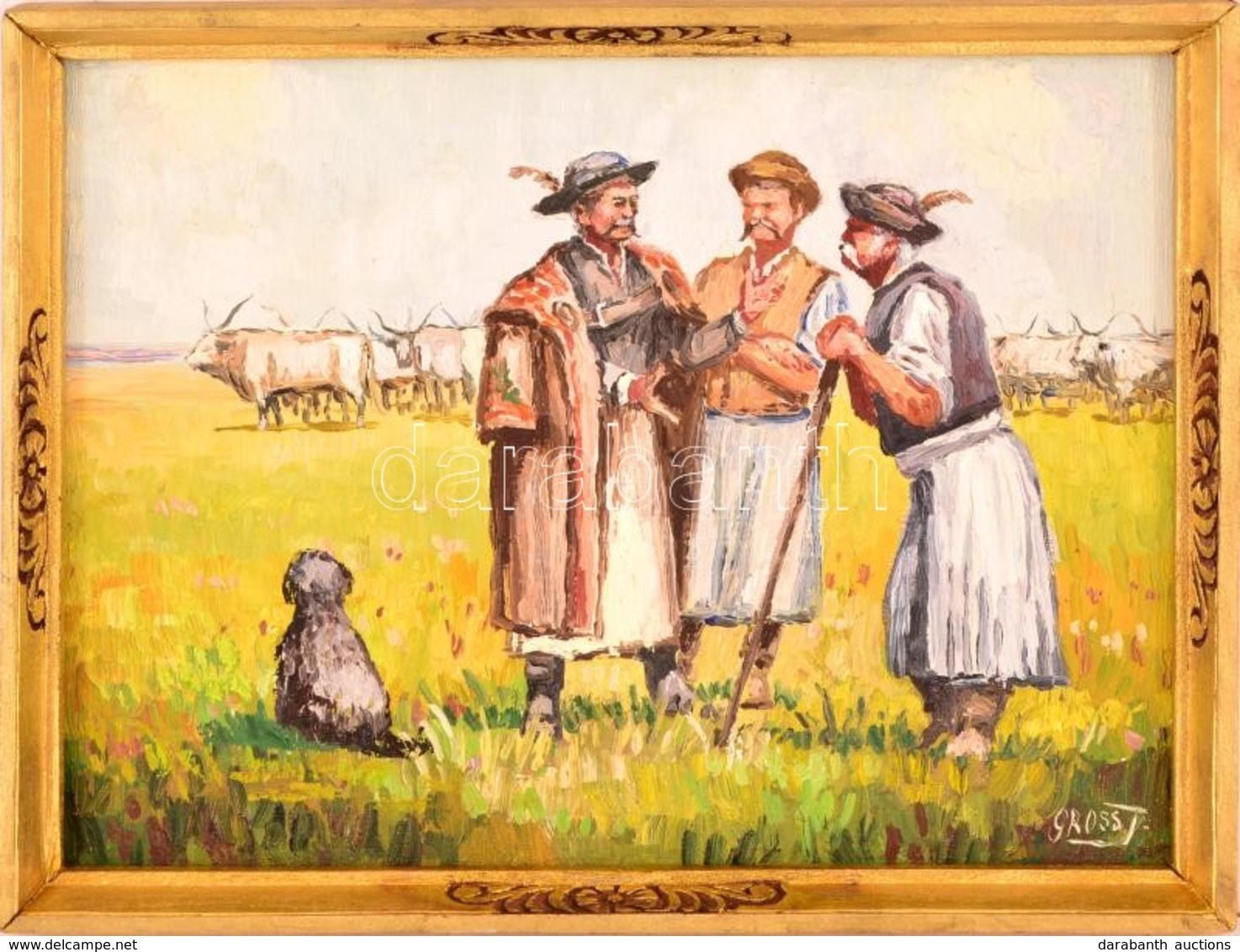 Gross Jelzéssel: Gulyások A Pusztában. Olaj, Farost, Keretben, 16×22 Cm - Andere & Zonder Classificatie