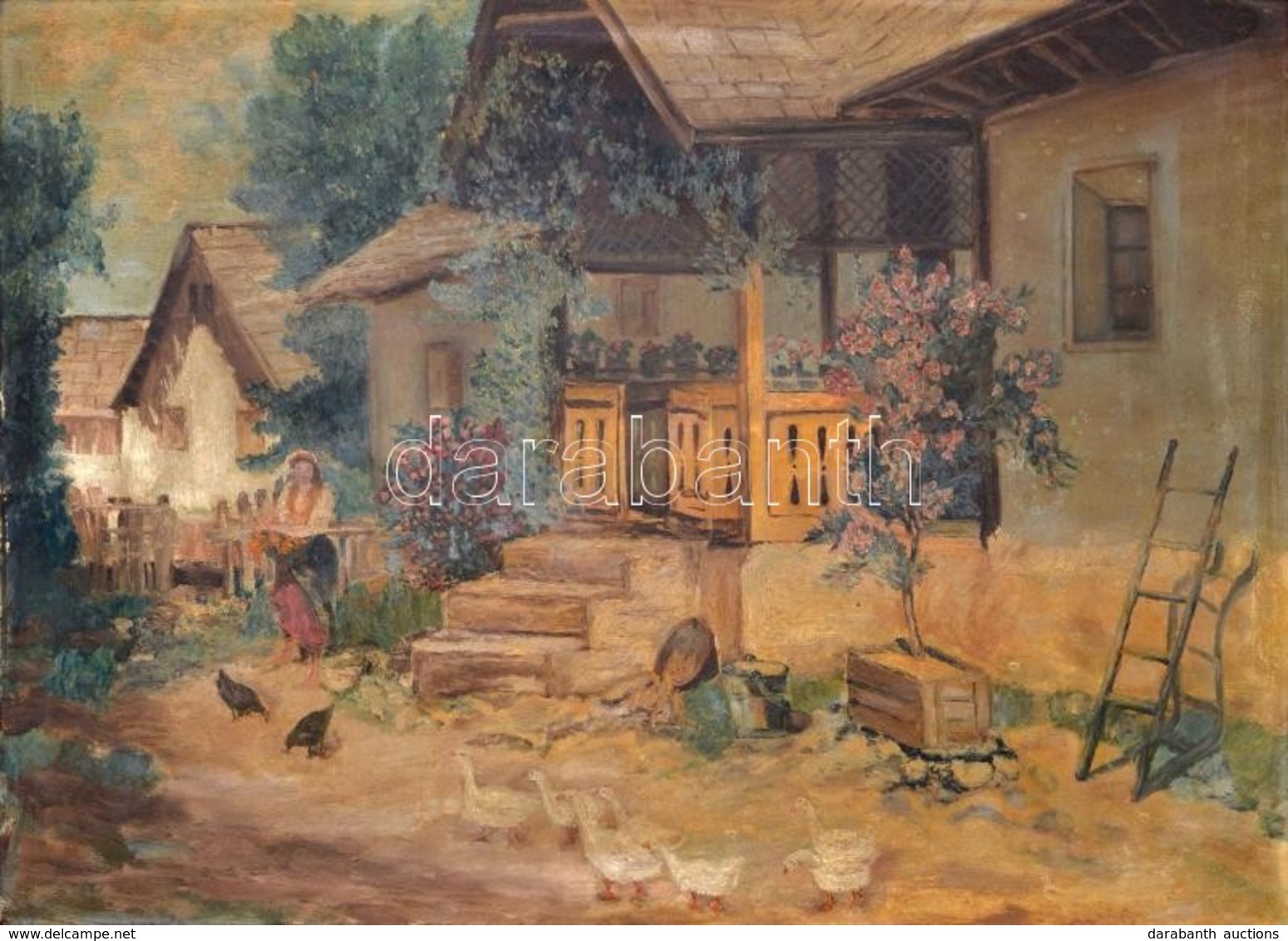 Jelzés Nélkül: Parasztudvar. Olaj, Vászon, Foltos, Festék Kopásokkal, Sérült Keretben, 60×80 Cm - Autres & Non Classés