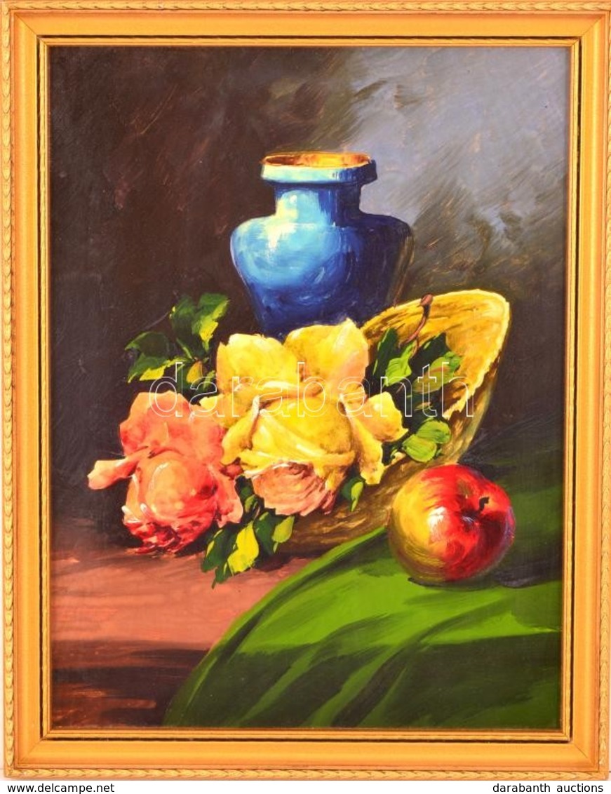 Jelzés Nélkül: Virágcsendélet Kék Vázával. Olaj, Farost, Keretben, 32×24 Cm - Andere & Zonder Classificatie