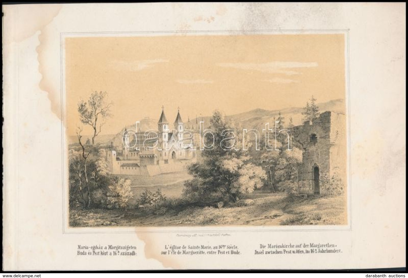 Szerelmey Miklós (1803-1875): Mária-egyház A Magrit Szigeten; Mária Egyház Romai A Margit Szigeten Buda és Pest Közt A 1 - Prenten & Gravure