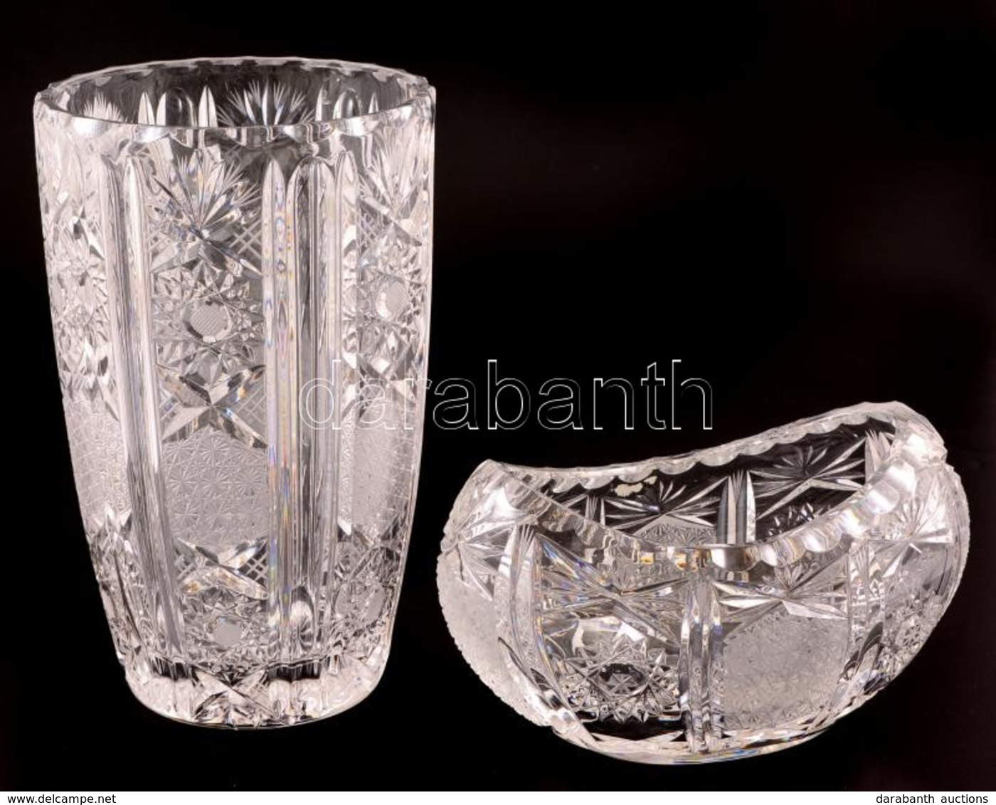 Csiszolt ólomkristály Váza és Kínálótál, Hibátlan, Jelzés Nélkül, M:20 Cm, 16×8 Cm - Glas & Kristal