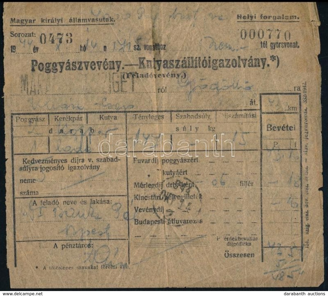 1944 Poggyászvevény - Kutyaszállítóigazolvány 48,54P Készpénzlerovással + 8x500P Biztosítási Bélyeggel - Non Classés