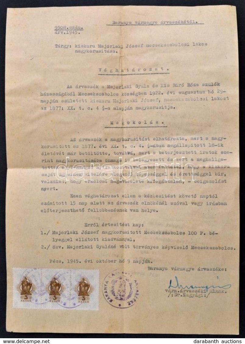 1945 Baranya Megyei árvaszék Véghatározat Okmánybélyegekkel - Unclassified