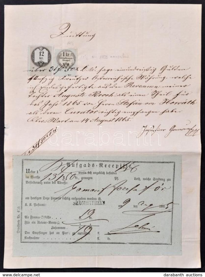 1865 12kr + 1kr Hirdetménybélyeg + Aufganbs Recepisse - Unclassified