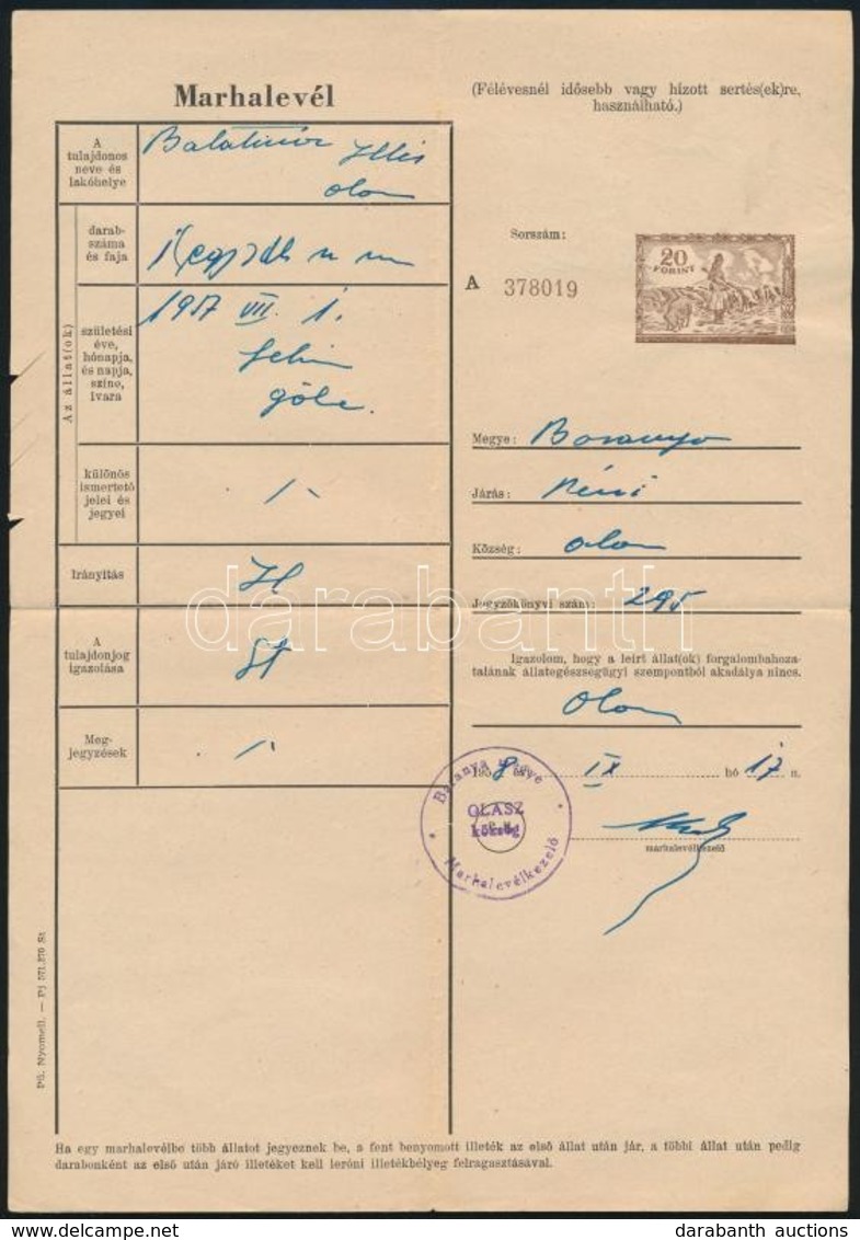 1957 Marhalevél 20ft Okmánybélyeg Helyett 2ft Portóbélyeggel. - Zonder Classificatie