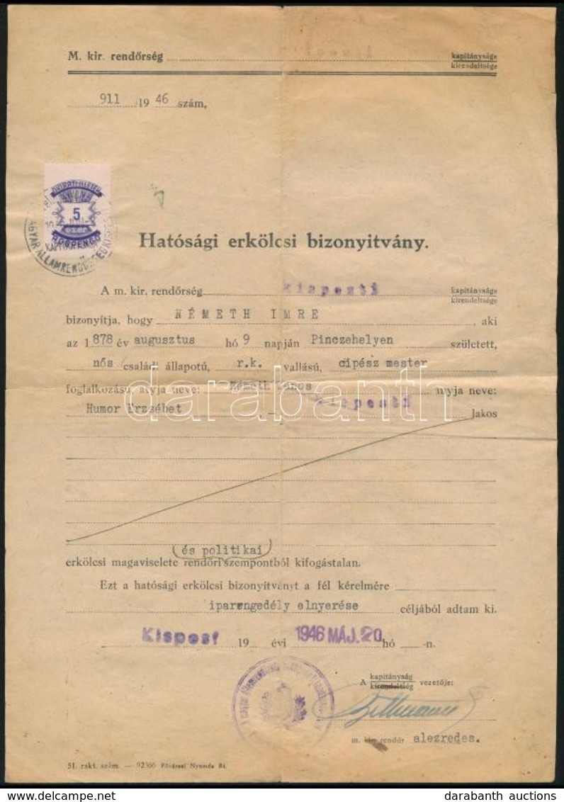 1946 Hatósági Erkölcsi Bizonyítvány 5000AP Illetékbélyeggel - Non Classés