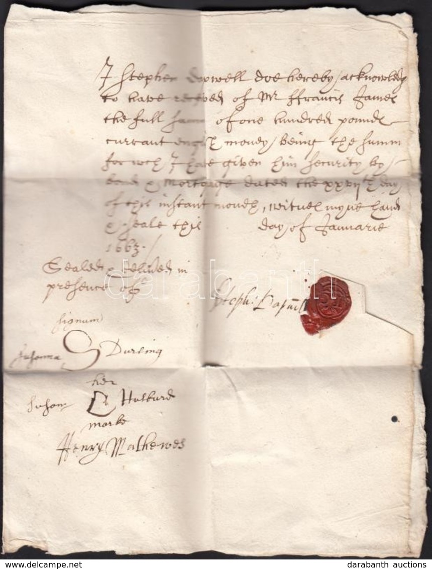 1663 Angol Nyelvű Elismervény Tartozás Megfizetéséről, Papír, Rányomott Viaszpecséttel, Aláírásokkal - Unclassified