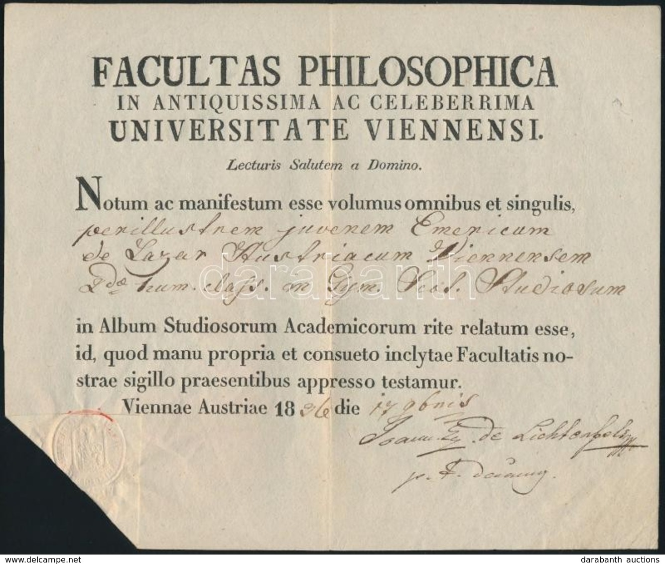 1836 A Bécsi Egyetem Filozófia Tanszékének Igazolása Johannies De Lichtenfeld Aláírásával / VIenna University Document - Unclassified