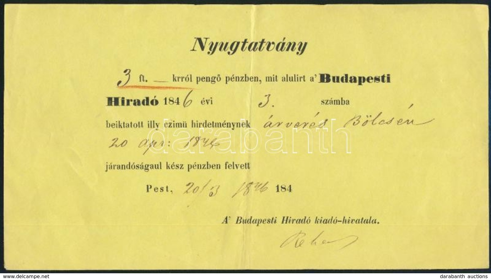 1846 Nyugta A Budapesti Hiradóba Felvett Hirdetésről - Non Classés