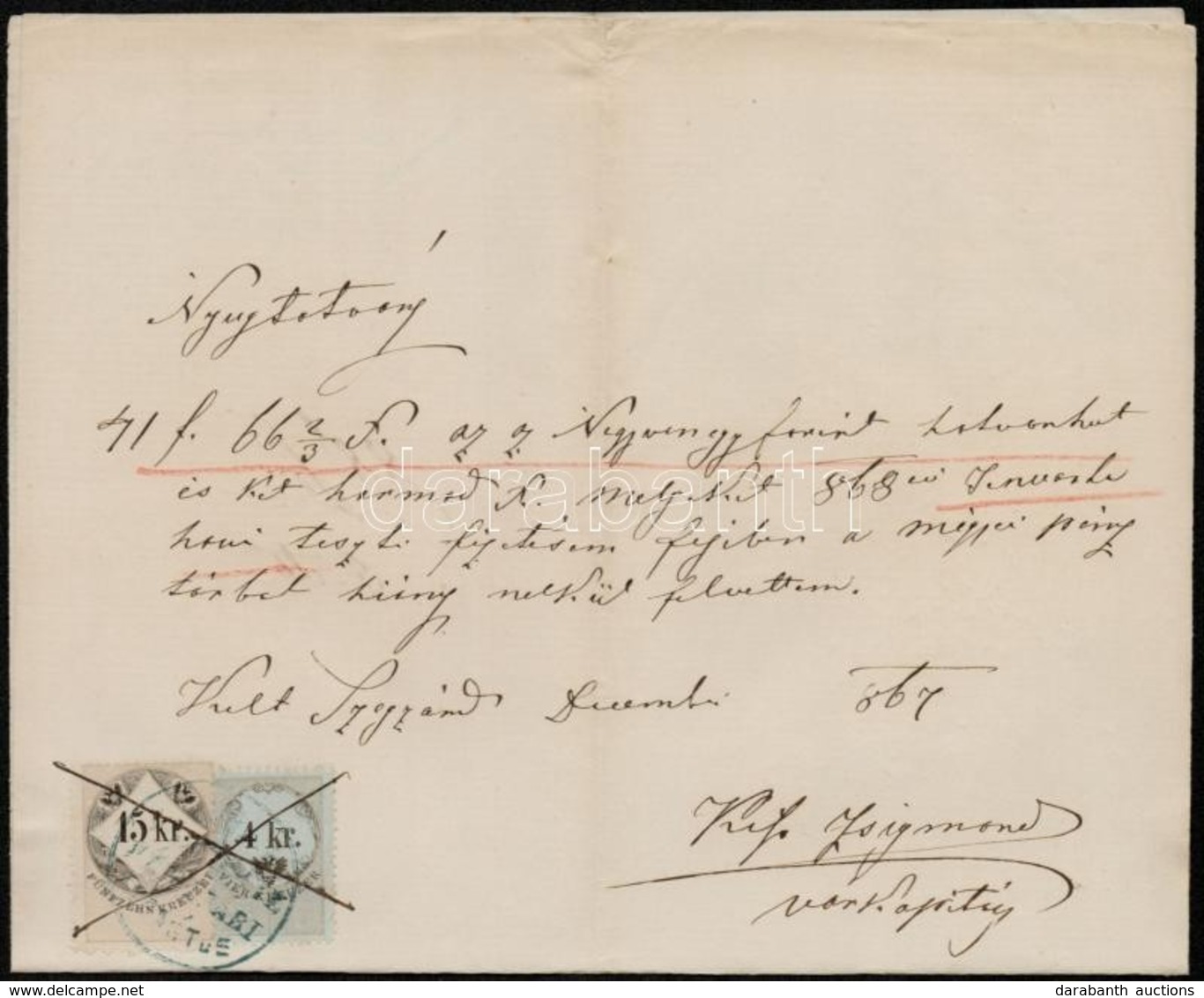 1867 Nyugtatvány 1866 4kr (MPIK 122A 36.000) + 15kr (MPIK 127c) Okmánybélyegekkel / Document With Fiscal Stamps - Non Classés