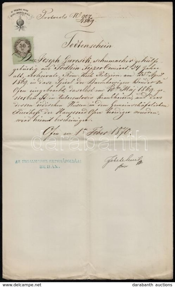 1870 Buda, Az Irgalmas Rend Betegápoldája Fejléces Levélpapírjára írt Levél 50 Kr Okmánybélyeggel - Unclassified