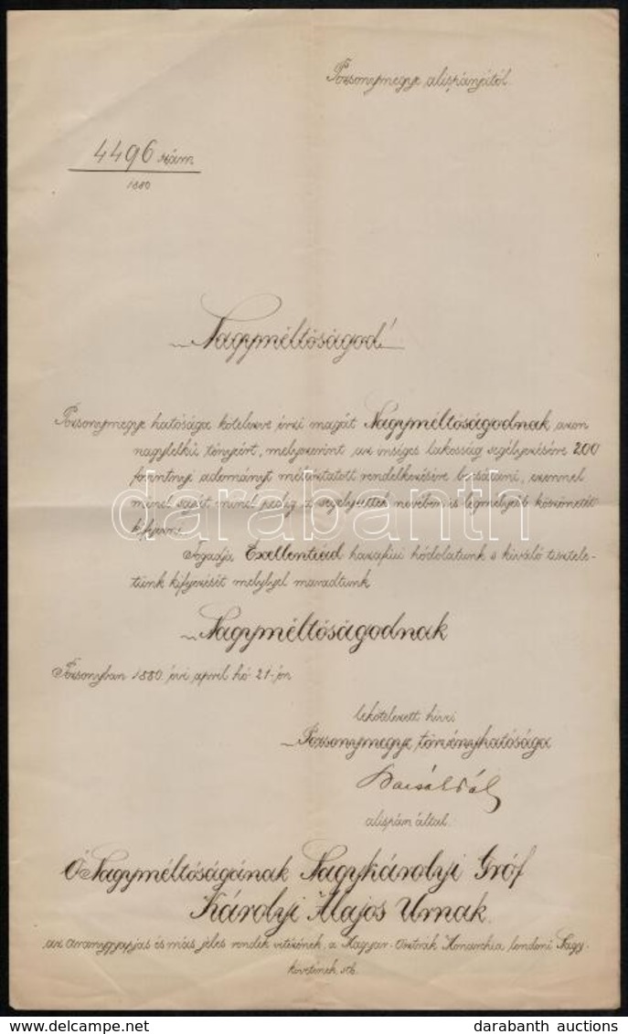 1880 Pozsonyvármegye Alispánjának Köszönő Levele Gróf Károlyi Lajosnak, A Lakosság Megsegélyezésére Adott Adományáért - Non Classés