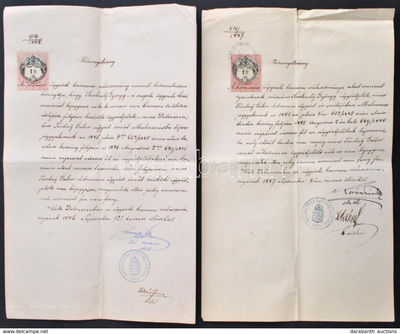 1886-1887 2 Db ügyvédi Kamarai Bizonyítvány Sarkady György ügyvédjelölt Részére, Okmánybélyeggel - Non Classés