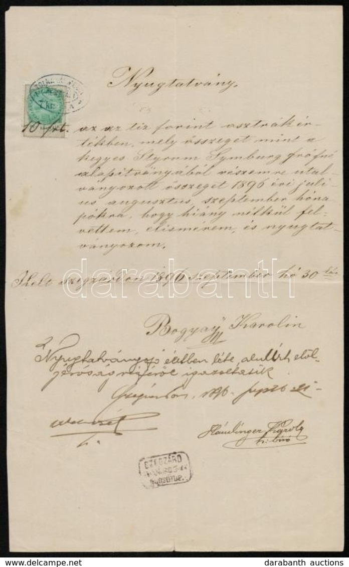 1896 Nyugtatvány Elmosódott Középrészű 7kr Okmánybélyeggel / 7kr Fiscal Stamp With Blurry Middle Part On Document - Unclassified