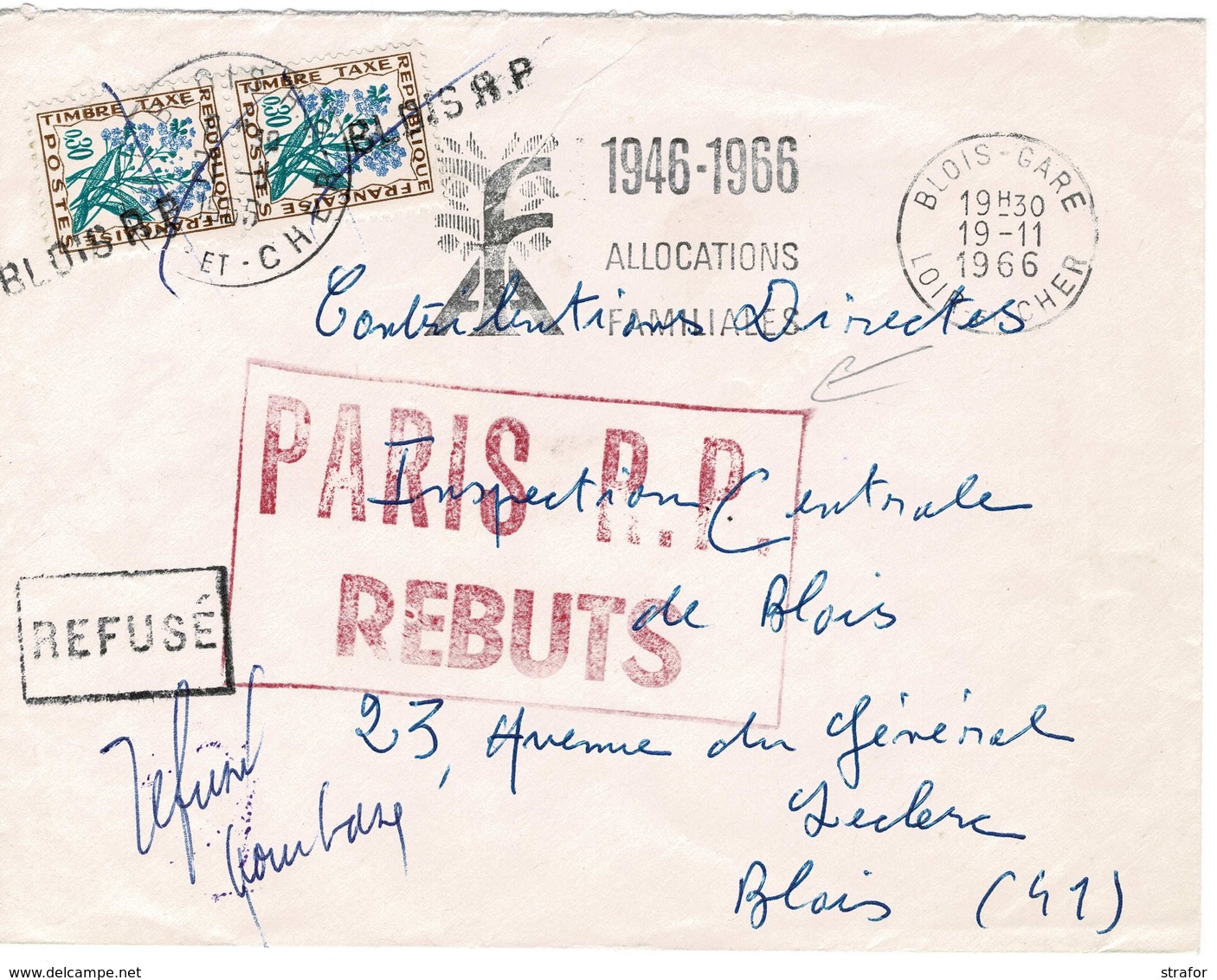 BLOIS GARE 1966 Pour BLOIS - Lettre Non Affranchie, Taxée, Refusée, Contrôlée N, Rebutée LOIR ET CHER - 8 Cachets !!!!!! - 1960-.... Lettres & Documents