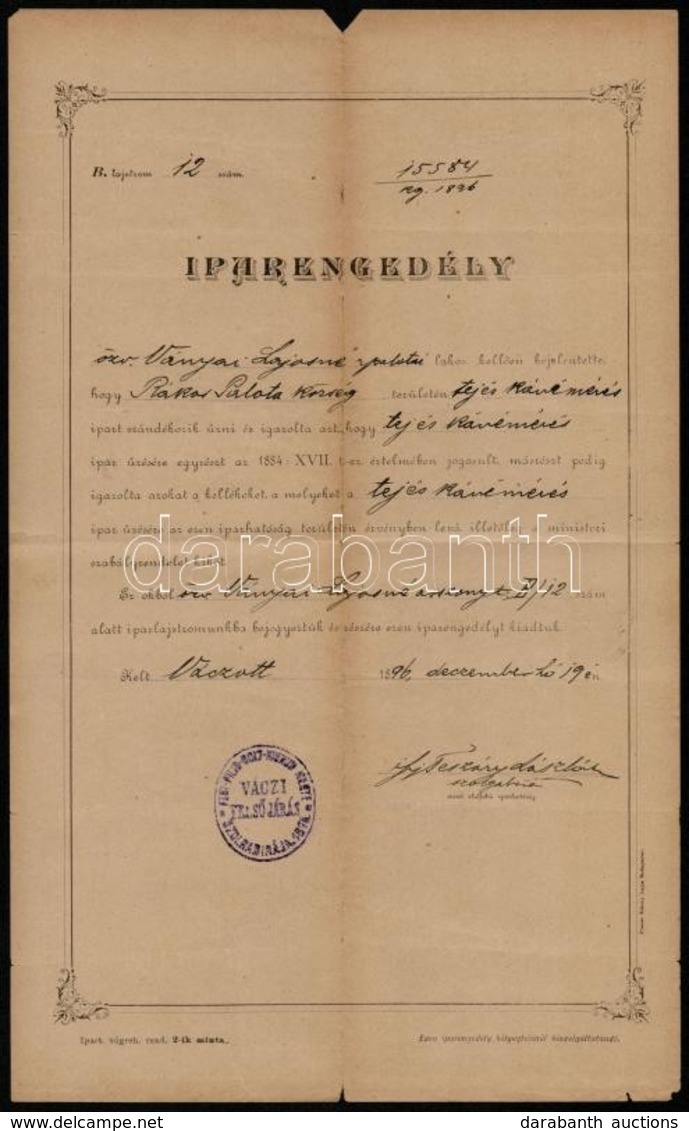 1896 Vác, Tej- és Kávémérési Iparengedély - Unclassified