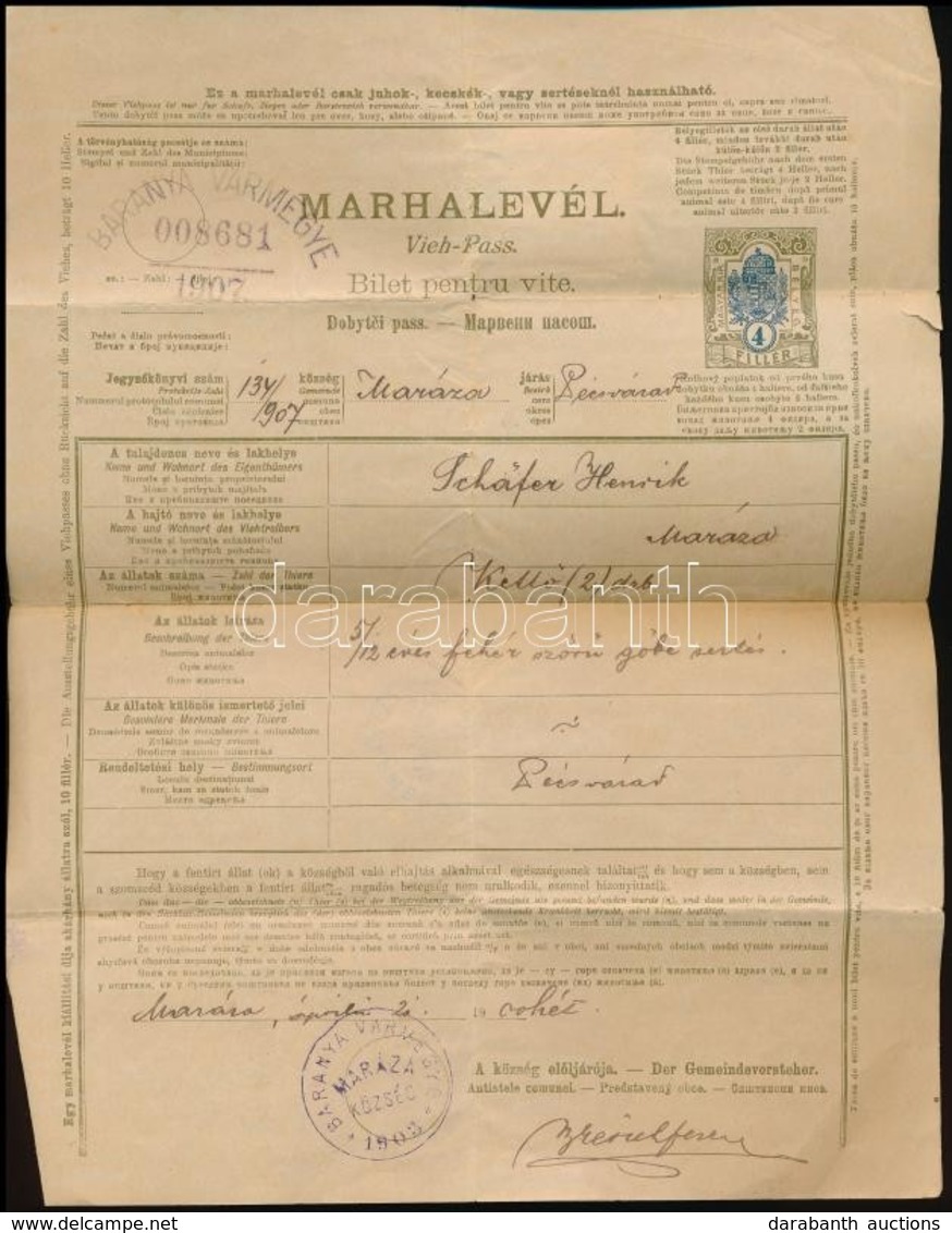 1907 Máraháza 2 Db Marhalevél 2p és 3p Okmánybélyeg Kiegészítéssel - Non Classés