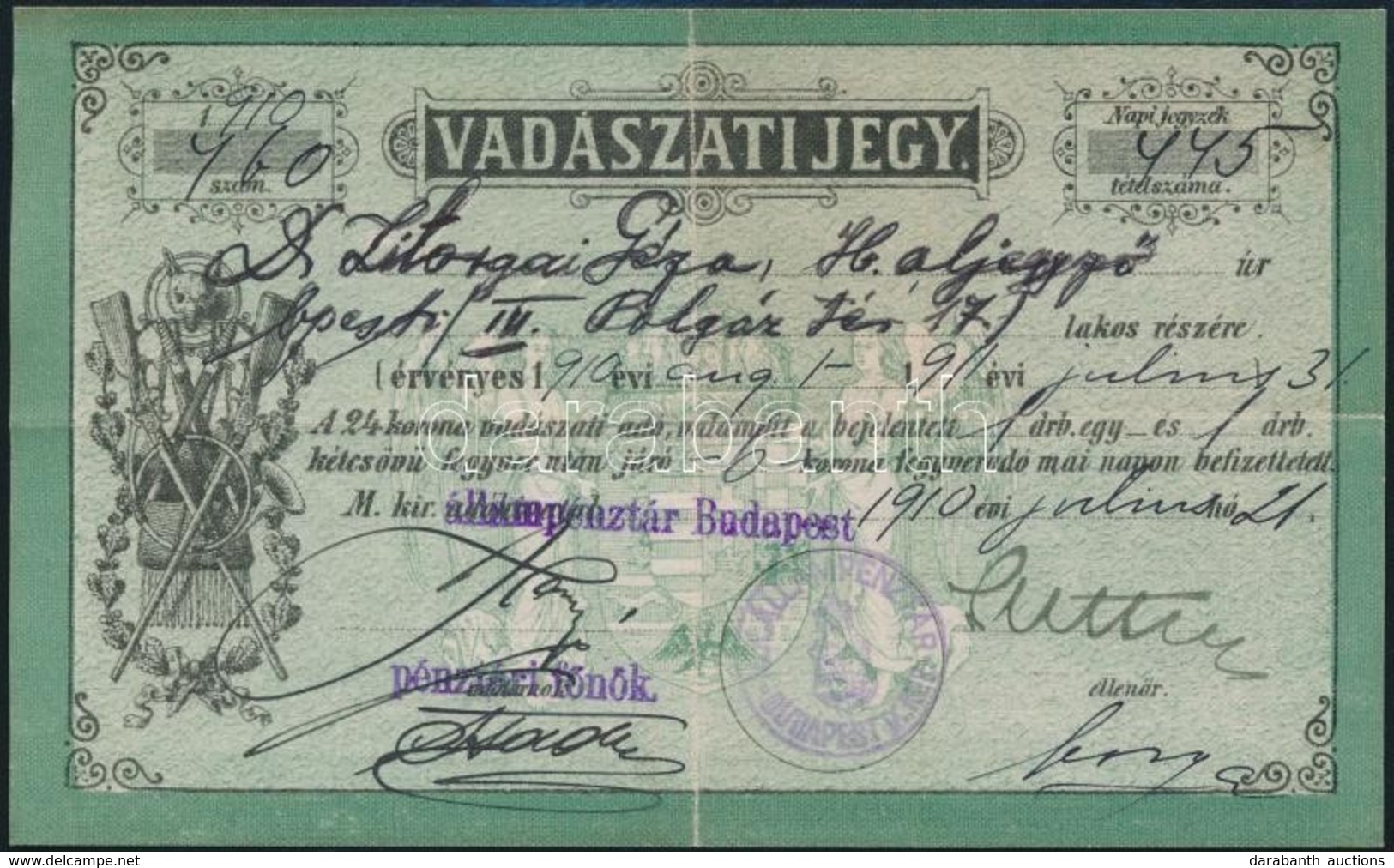 1910 Vadászjegy Vadászati Jegy - Unclassified