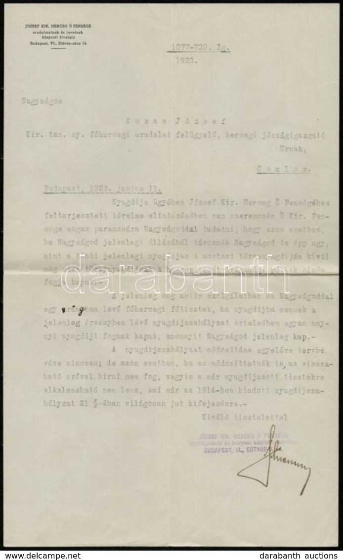 1923 József Főherceg Intézőjének Levele Kokas József Főhercegi Intézőnek - Unclassified