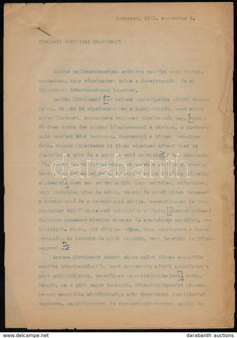 1961 Vas Zoltán (1903-1983) író, 56-os államminiszter Levele Az MSZMP Politikai Bizottságához, Melyben Annak Kapcsán Mag - Non Classés