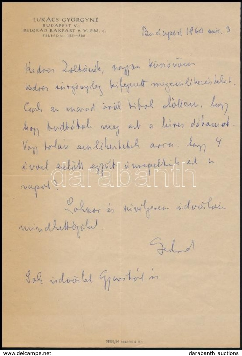 Lukács Györgyné Jánosi (Bortstieber) Gertrúd Saját Kézzel írt Köszönő Levele Vas Zoltán 56-os államminiszternek - Zonder Classificatie