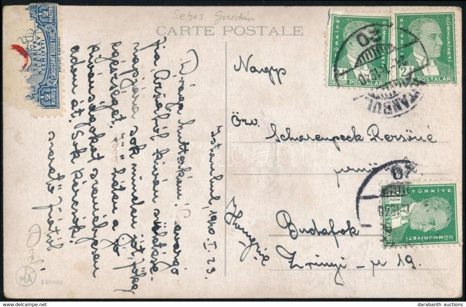 1940 Sebes Gusztáv Labdarúgó, Későbbi Szövetségi Kapitány Saját Kézzel írt Sorai és Aláírása Isztambulból édesanyja Rész - Other & Unclassified