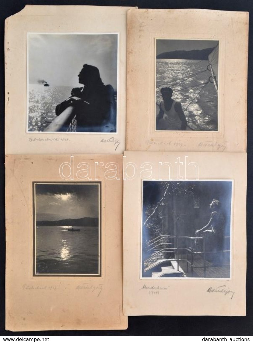 1937-1948 Ádám Lajos (?-?): 4 Db Művészfotó, Közte Balaton Témájúval, Fotó Kartonon, Jelzett, A Kartonok Foltosak, Az Eg - Autres & Non Classés
