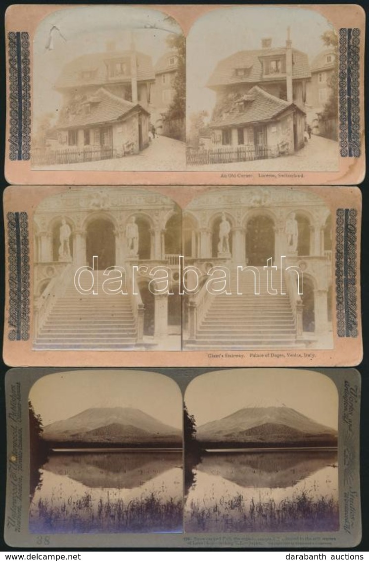 Cca 1900 8 Db Sztereofotó: Luzern, Velence, Fuji, Versailles, Kijev, Stb., Feliratozva, 9×18 Cm - Andere & Zonder Classificatie