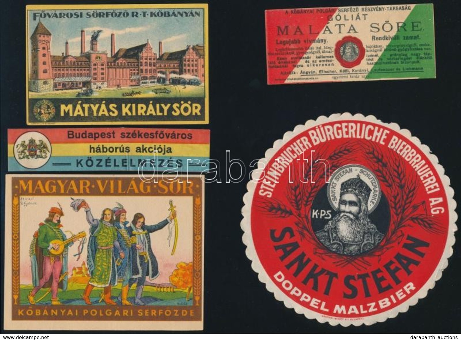 5 Db Sörcímke és Söralátét (Magyar Világos Sör, Mátyás Király Sör, Góliát Maláta Söre, Stb.) - Publicités