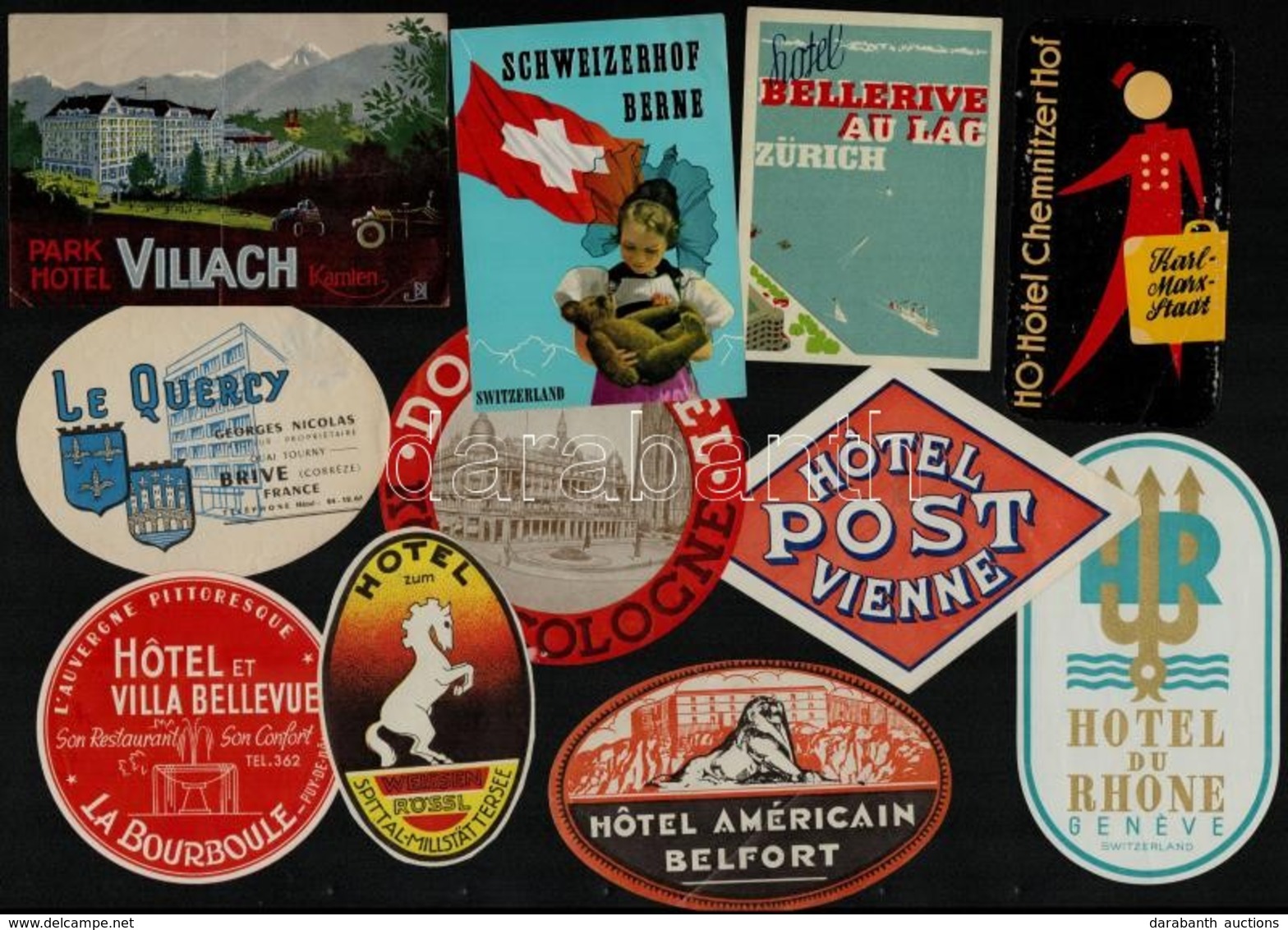 Nyugat-európai Hotelcímkék, 27 Db (Hotel Et Villa Bellevue, Hotel Excelsior, Hotel Dardanelli, Stb.) - Publicités