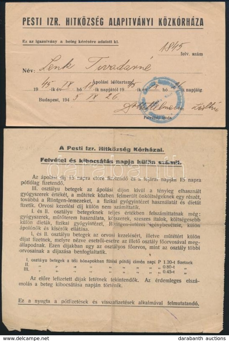 1929-1945 Pesti Izrealita Hitközség Kórházainak 4 Db Irata, Közte 3 Db 1945-ös Számlával - Andere & Zonder Classificatie