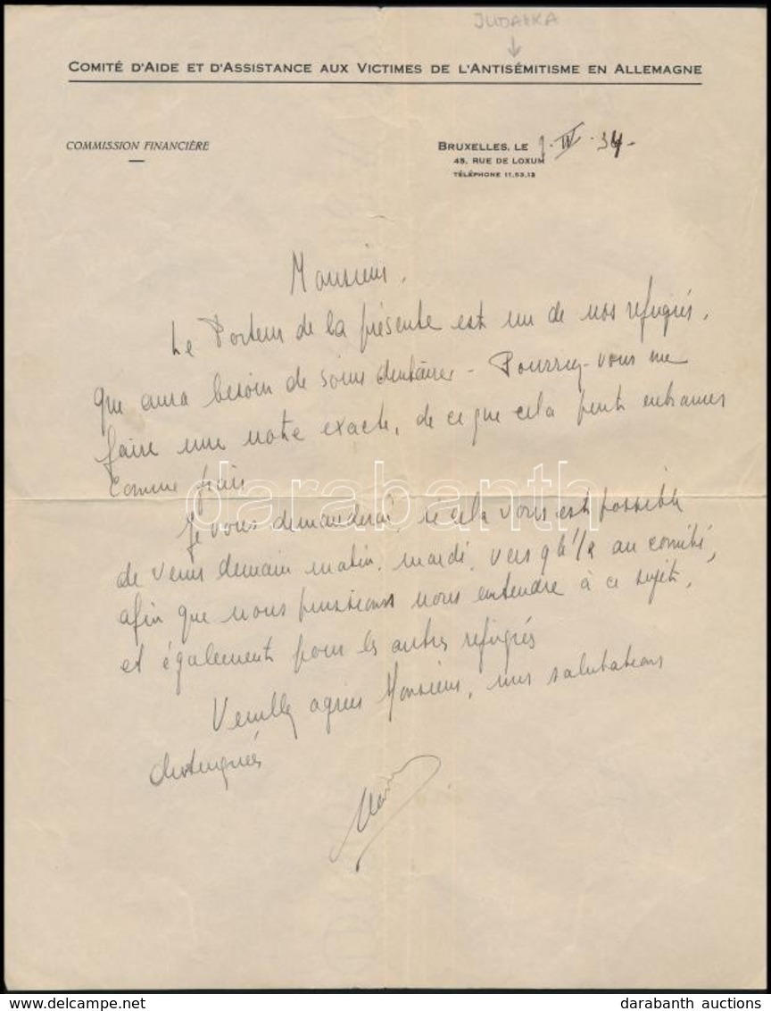 1934 Brüsszel, Comité D'Aide Et D'Assistance Aux Victimes De L'Antisémitisme En Allemagne, A Németországi Antiszemitizmu - Autres & Non Classés