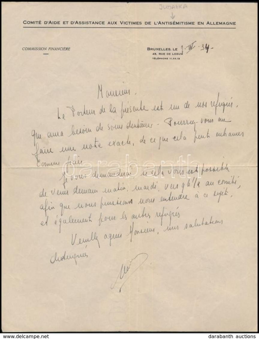 1934 Brüsszel, Comité D'Aide Et D'Assistance Aux Victimes De L'Antisémitisme En Allemagne, A Németországi Antiszemitizmu - Other & Unclassified