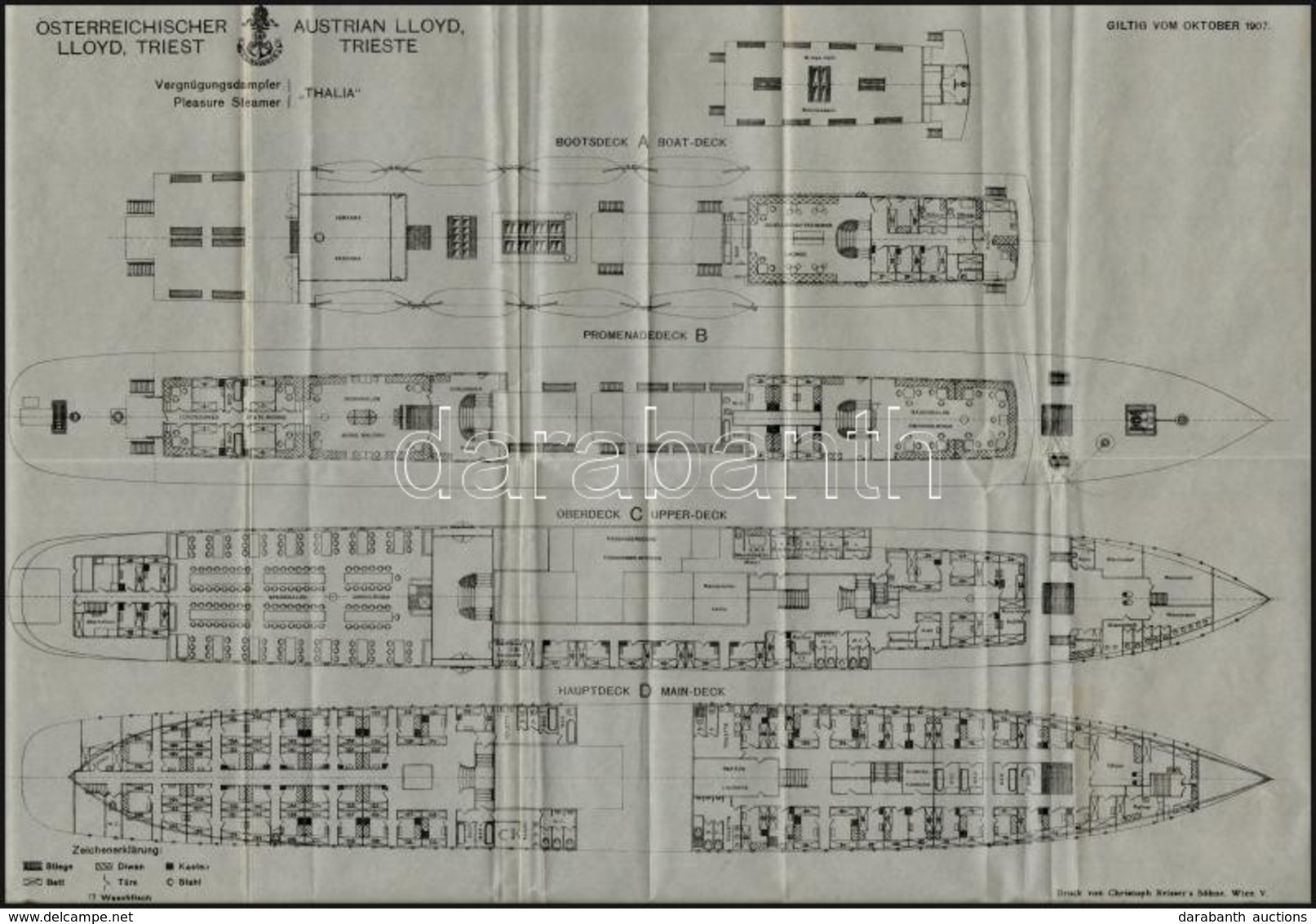 1907 Az Osterreichischer Lloyd Triest Thalia Gőzösének Fedélzeti Rajza. 44x32 Cm - Other & Unclassified