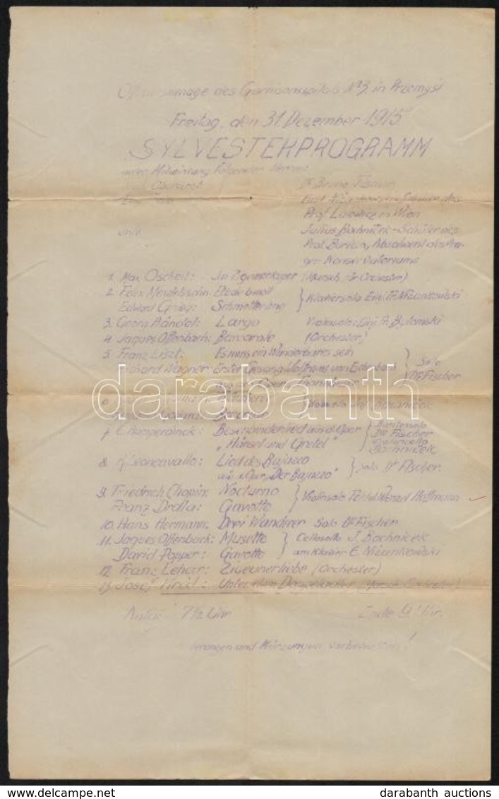 1915 A Przemysl-i Laktanyakórház Szilveszteri Műsorának Hirdetménye / 1915 New Year's Eve Program Of The Przemysl Barrac - Autres & Non Classés