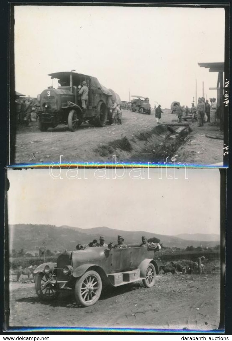 Cca 1914-1918 Katonák, Katonai Alakulatok Autókkal, 2 Db Eredeti Negatívról Előhívott Modern Fotó, 9×12 Cm - Andere & Zonder Classificatie