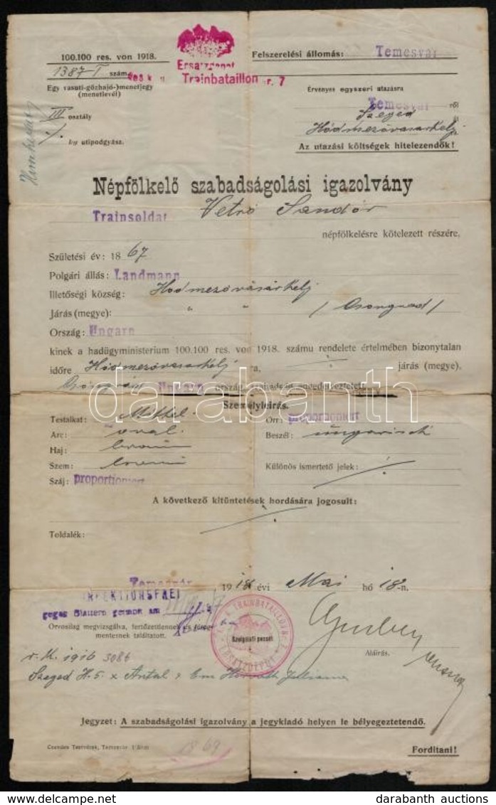 1918 Népfölkelő Szabadságolási Igazolvány, Sérült. - Other & Unclassified