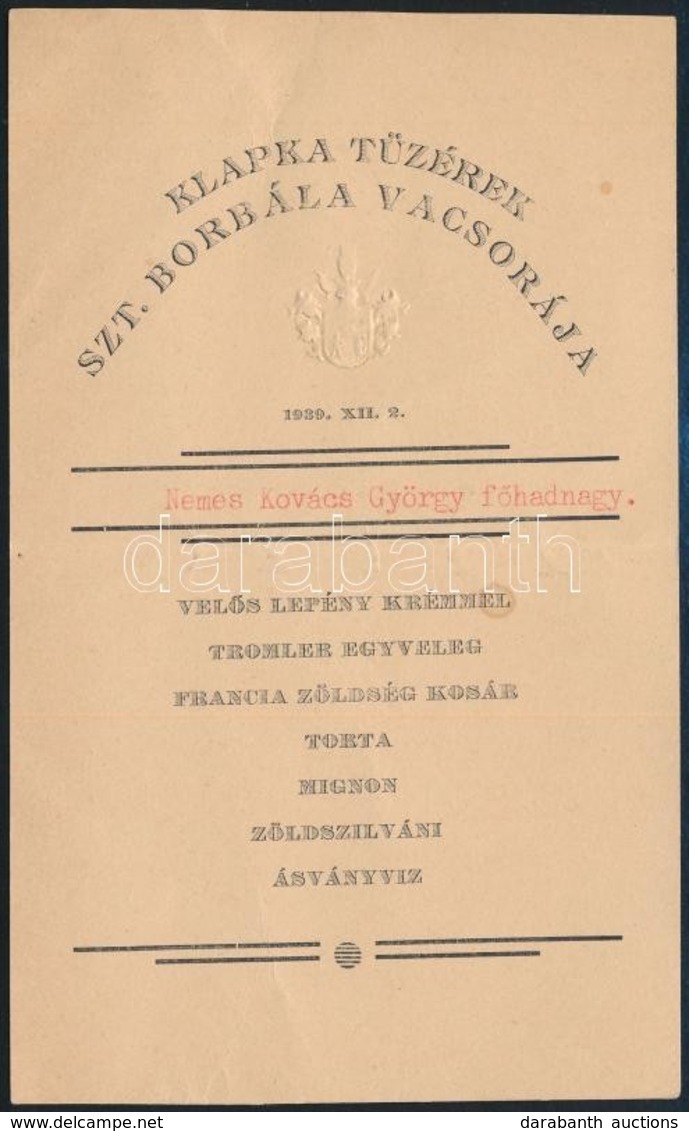 1939 Klapka Tüzérek Szt. Borbála Vacsorájának ültetőkártyája - Andere & Zonder Classificatie