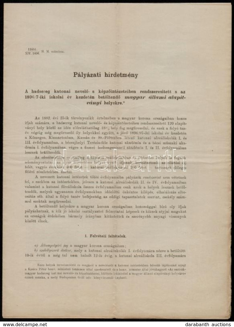 1896 2 Db Pályázati Hirdetmény A Hadsereg Katonai Nevelő- S Képző Intézeteiben Rendszeresített Magyar állami Alapítványi - Other & Unclassified