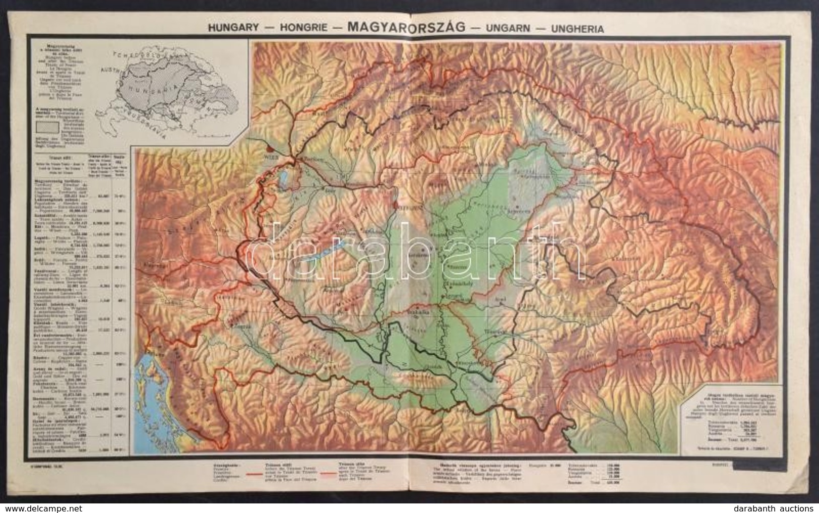 Cca 1930 Magyarország és A Trianoni Határik. Népesség, Domborzat. 50x30 Cm - Autres & Non Classés