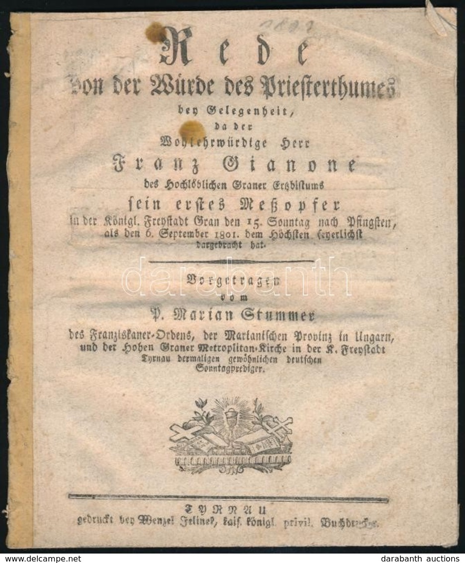 1801 Stummer, Marian (1772-1826): Rede Von Der Würde Des Priestertums Den Gelegenheit. Tyrnau (Nagyszombat), 1801, Wenze - Unclassified