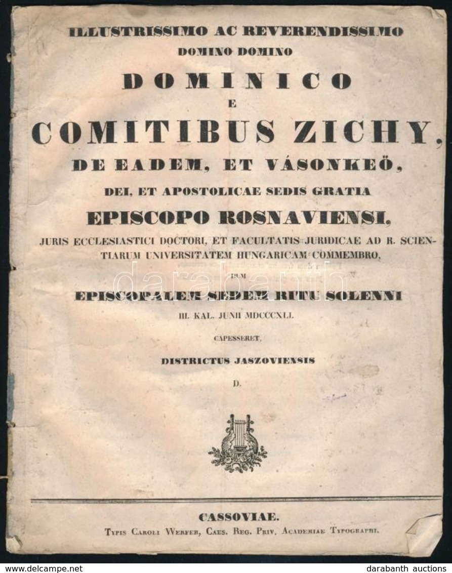 1841 Illustrissimo, Ac Reverendissimo Domino Domino Dominico E Comitibus Zichy, De Eadem, Et Vásonkeö, Dei, Et Apostolic - Non Classés